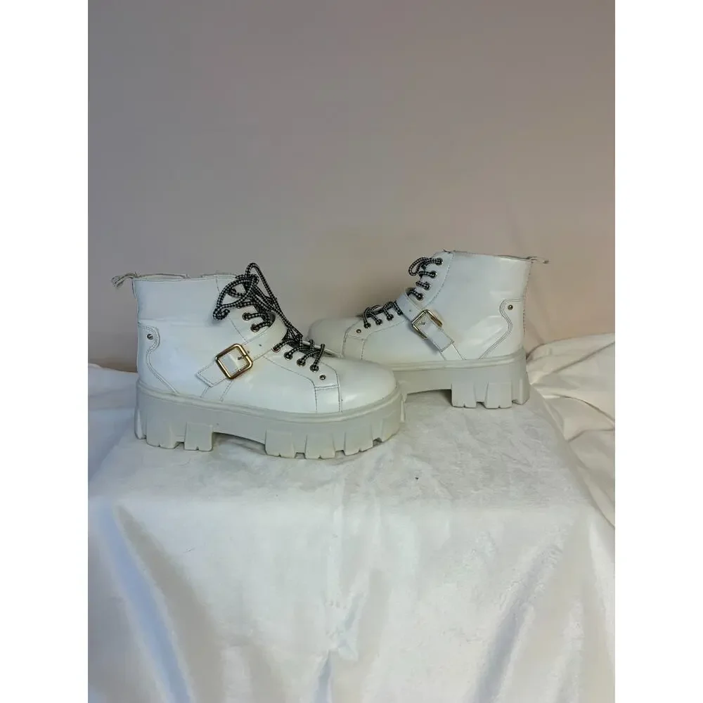 Forever 21 Ankle Boots Goth Grunge White Chunky Womens Size 7.5 Lace Up Zip Side - Picture 3 of 9